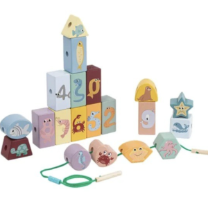 Joc Montessori cu Cuburi de Lemn de Construit si Snuruit, Animale si Cifre