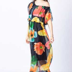 Rochie lunga, cu imprimeu floral multicolor pe fond negru, din matase si vascoza