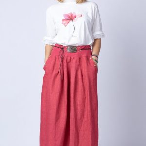 Fusta lunga casual, roz inchis, din in, cu o curea fancy