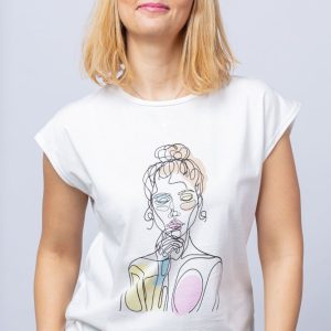 Tricou alb cu imprimeu bust fata desenata din linii, din bumbac