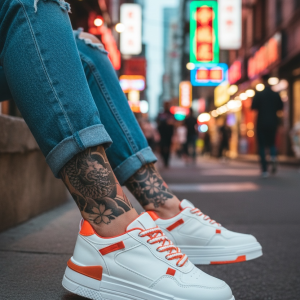 Adidasi dama albi cu portocaliu casual  8002 T15-1