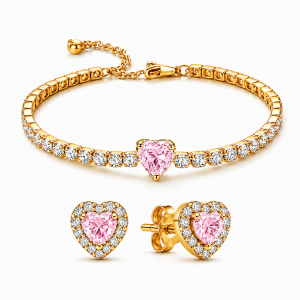 Set bijuterii Cercei si Bratara Pink Heart Cu Aur