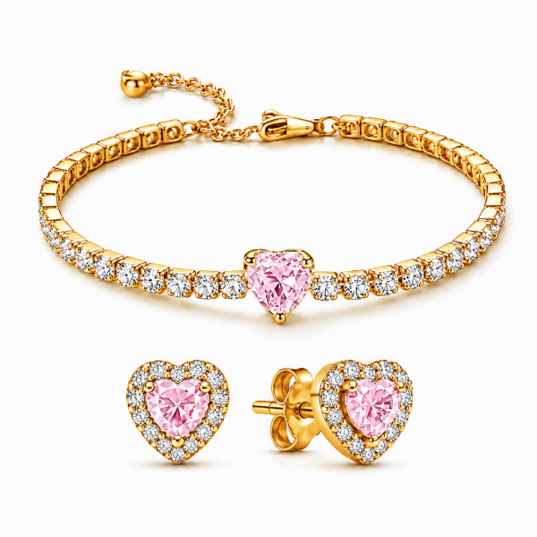 87a6b93c-874c-4389-839d-64d92ec00ffe.png Set bijuterii Cercei si Bratara Pink Heart Cu Aur