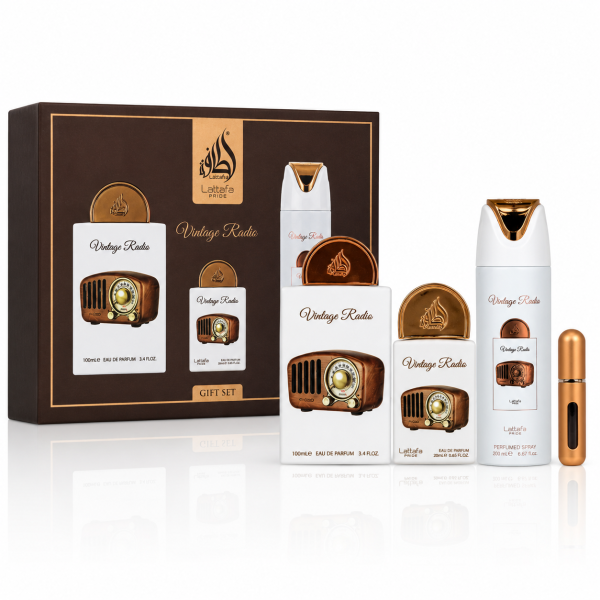 Set Cadou Lattafa Vintage Radio – Parfum 100ml + Mini Parfum + Deo