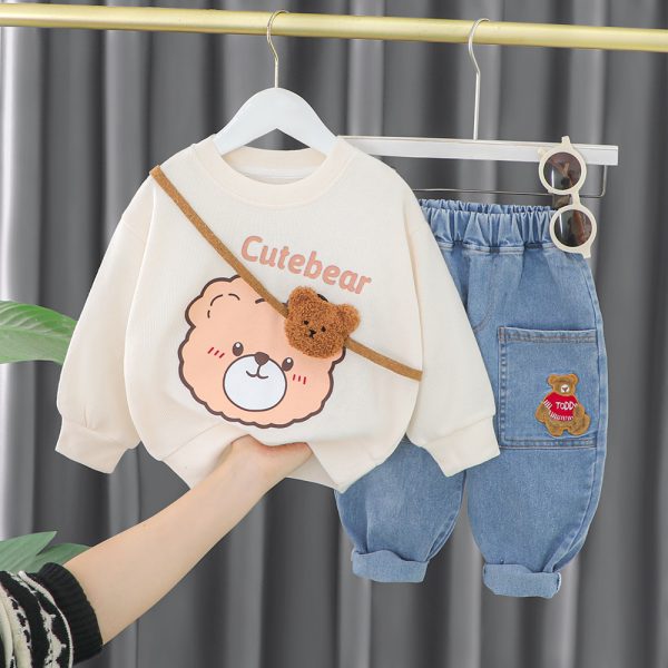 Compleu Bluza Crem si Pantaloni Albastri Cute Bear - 2-3 ani