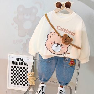 Compleu Bluza Crem si Pantaloni Albastri Cute Bear - 18-24 luni