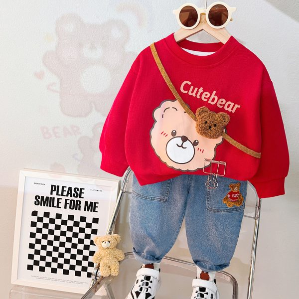 Compleu Bluza Rosie si Pantaloni Albastri Cute Bear - 18-24 luni