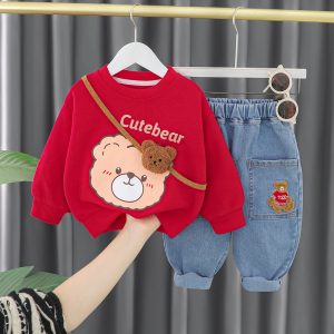 Compleu Bluza Rosie si Pantaloni Albastri Cute Bear - 18-24 luni