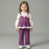Compleu Fetite 3 Piese din Velvet Raiat Mov - 18-24 luni