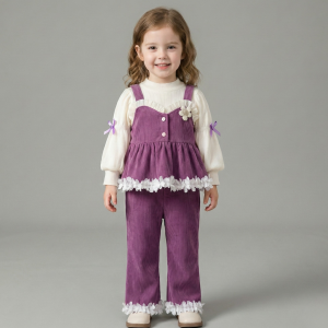 Compleu Fetite 3 Piese din Velvet Raiat Mov - 18-24 luni