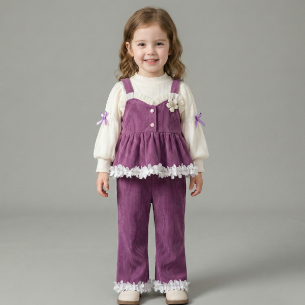 Compleu Fetite 3 Piese din Velvet Raiat Mov - 18-24 luni