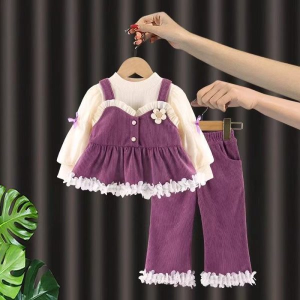 Compleu Fetite 3 Piese din Velvet Raiat Mov - 18-24 luni