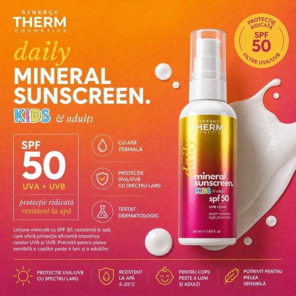Loțiune Solară Minerală SPF 50 pentru Copii și Adulți, Rezistentă la Apă, Fără Parfum, 50ML