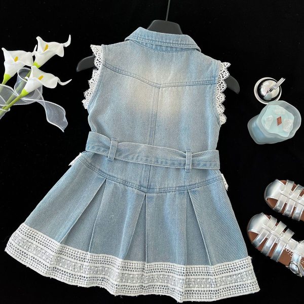 Rochie Blugi Fetițe Denim cu Dantelă Albă și Curea Victoria - 8-9 ani