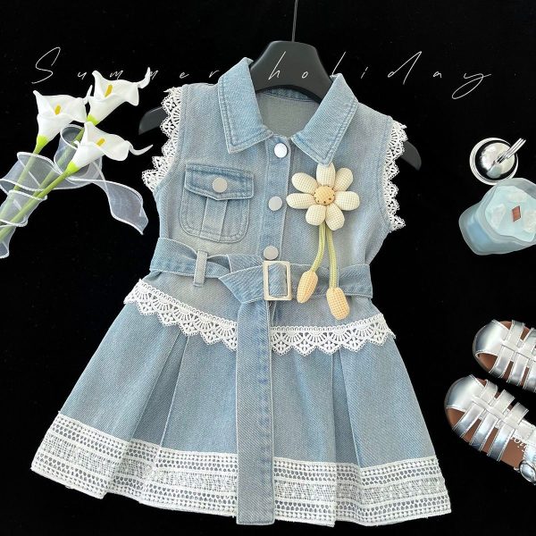 Rochie Blugi Fetițe Denim cu Dantelă Albă și Curea Victoria - 8-9 ani