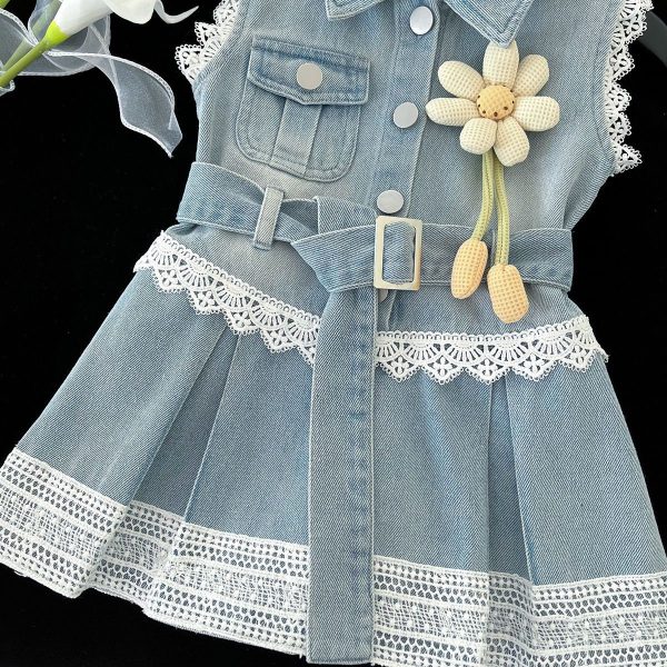 Rochie Blugi Fetițe Denim cu Dantelă Albă și Curea Victoria - 8-9 ani
