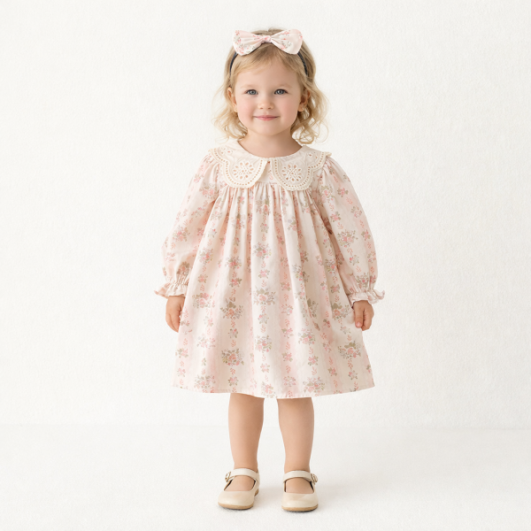 Rochie Roz Fetite cu Floricele Eliza - 3-4 ani