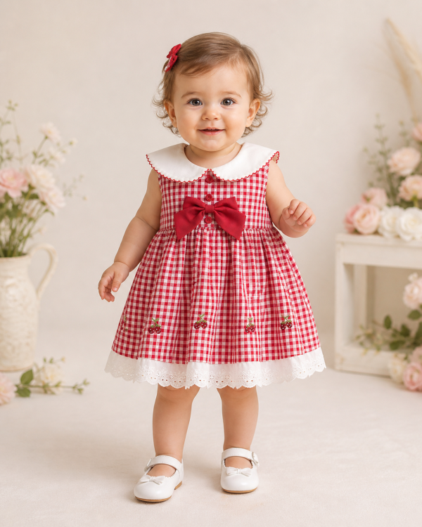 Rochiță Fetițe Carouri Roșu cu Alb Broderie Cireșe Isabella - 2-3 ani