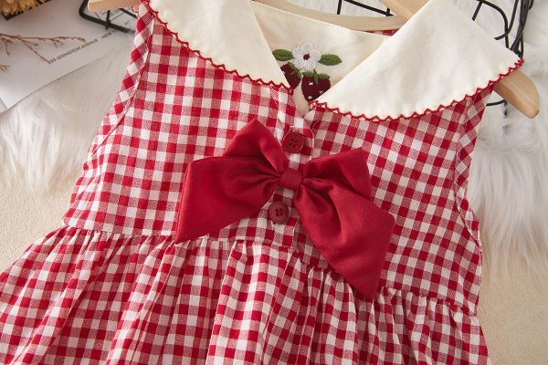 Rochiță Fetițe Carouri Roșu cu Alb Broderie Cireșe Isabella - 2-3 ani