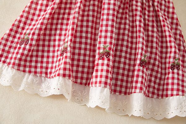 Rochiță Fetițe Carouri Roșu cu Alb Broderie Cireșe Isabella - 2-3 ani