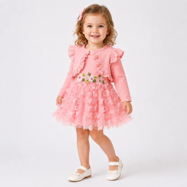 Rochiță Fetite Roz Tulle și Aplicații Florale Noelia - 6-9 luni