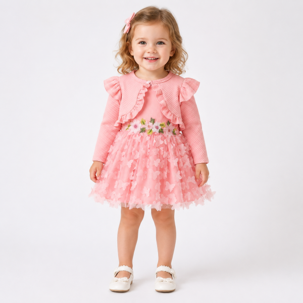 Rochiță Fetite Roz Tulle și Aplicații Florale Noelia - 6-9 luni