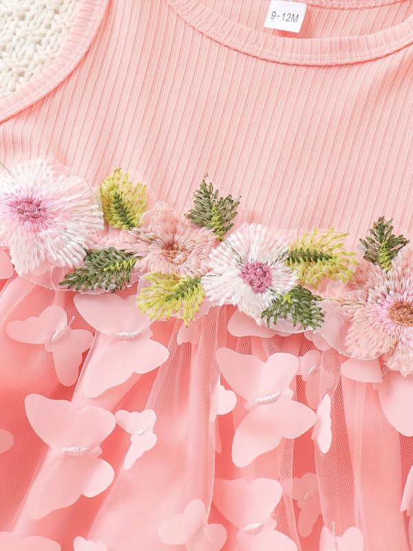 Rochiță Fetite Roz Tulle și Aplicații Florale Noelia - 6-9 luni
