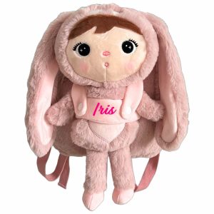 Rucsac-iepuras-pufos-roz-cu-papusica-detasabila.jpg Ghiozdan personalizat Iepuras Pufos Roz cu Papusa Detasabila