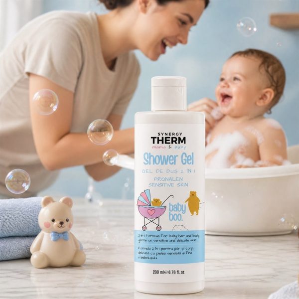 Synergy Therm Mama & Baby - Gel de Duș 2 în 1 cu Apă Termală, Pronalen® Sensitive Skin și Extracte Calmante, pentru Piele Sensibilǎ, 200 ml