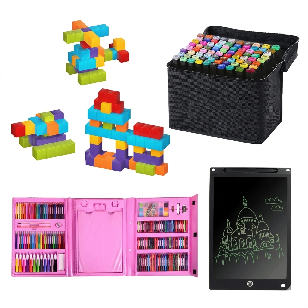Pachet Educativ Complet pentru Copii – Set 96 Cuburi Magnetice 3D STEM + Set 80 Markere Profesionale + Set 208 Piese Pictură & Desen + Tabletă LCD 10 Inch | 5–6 ANI - Default Title