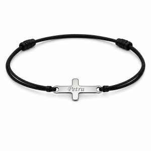 Bratara Neagră Personalizata Cruce Nume cu Argint