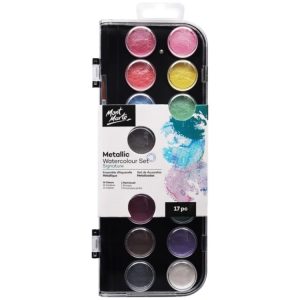 Acuarele metalizate Mont Marte pentru pictura, 17 culori paleta, cu pensula