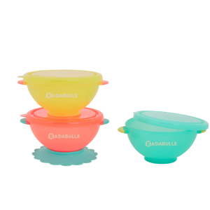 Badabulle - Set 3 boluri colorate pentru mancare, cu suport inclus