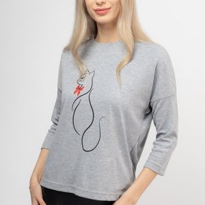 Tricou gri cu imprimeu silueta de pisica