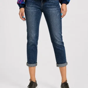 Blugi dama slim fit cu aspect prespalat si efect vintage - albastru
