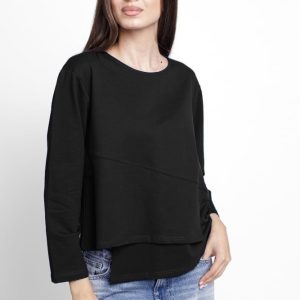 Bluza asimetrica cu suprapunere in colt din tricot de bumbac, neagra