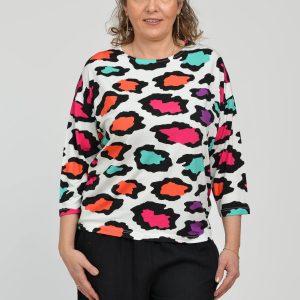 Bluza casual, imprimeu colorat pe fond alb si maneca 3 4