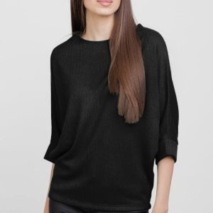 Bluza cu maneca fluture, din jerseu embosat de vascoza, neagra