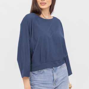 Bluza cu spate petrecut, si maneca fluture, din tricot de bumbac, albastru jeans