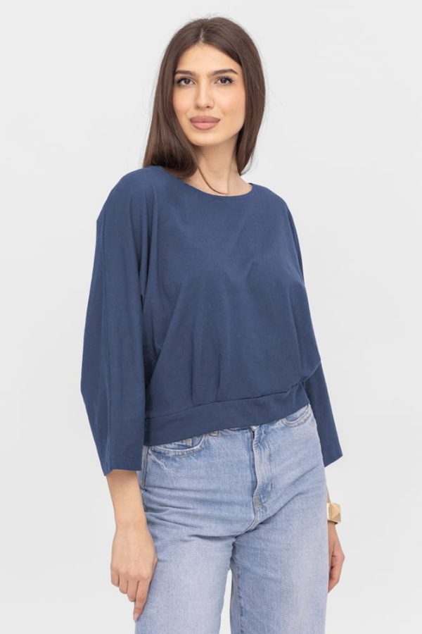 Bluza cu spate petrecut, si maneca fluture, din tricot de bumbac, albastru jeans