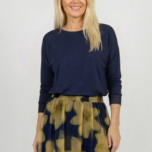 Bluza dama cu maneca fluture si satin la maneci si decolteu, bleumarin