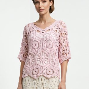 Bluza de vara cu broderie din bumbac, croi lejer, roz