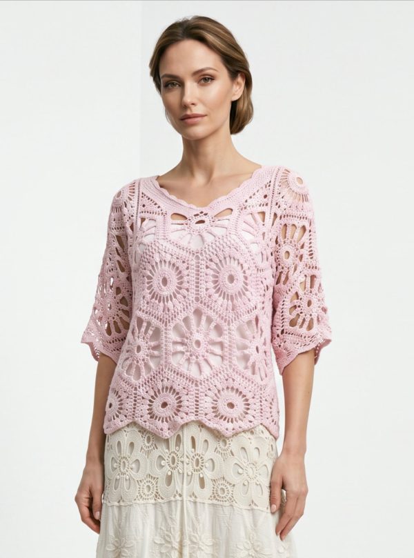 Bluza de vara cu broderie din bumbac, croi lejer, roz