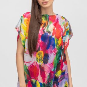 Bluza de vara tip poncho din matase cu imprimeu floral pensulat