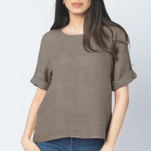 Bluza din in bej inchis cu nasturi pe spate