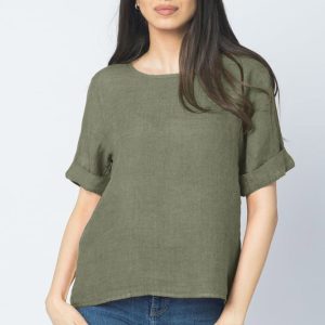 Bluza din in kaki dechis cu nasturi pe spate