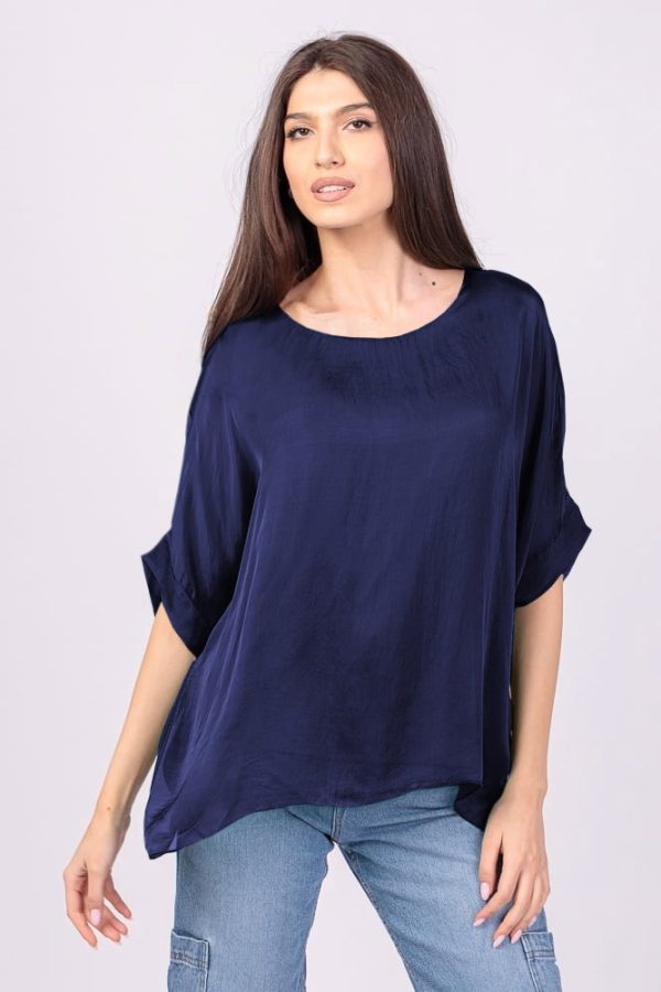 Bluza din matase si vascoza bleumarin, cu funda pe spate
