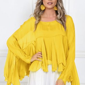 Bluza din matase naturala si vascoza cu volane tip cascada, croi lejer, galbena