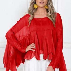Bluza din matase naturala si vascoza cu volane tip cascada, croi lejer, rosie