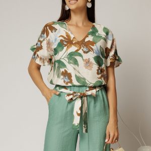Bluza din viscoza cu imprimeuri verde maro si funda la spate
